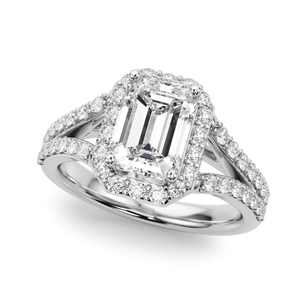 Split Shank Emerald Cut Halo Engagement Ring