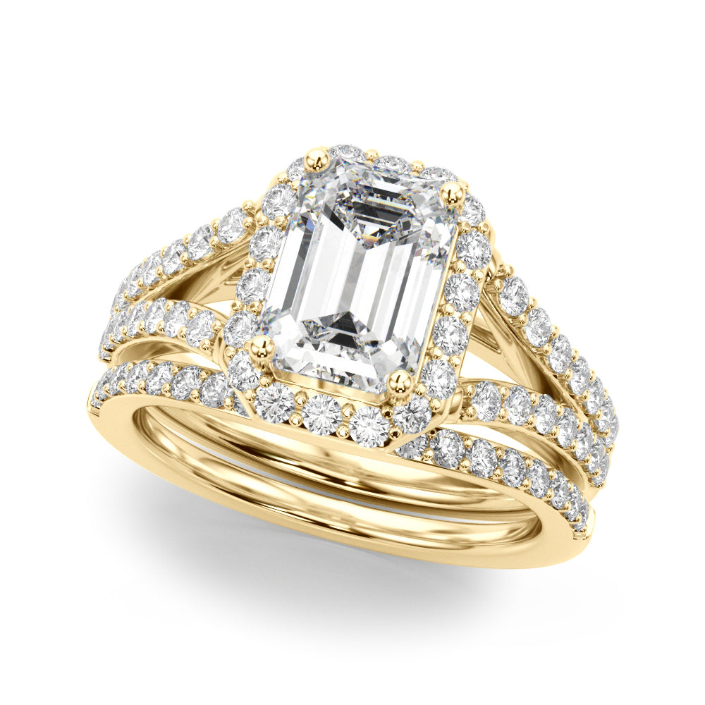 Split Shank Emerald Cut Halo Engagement Ring