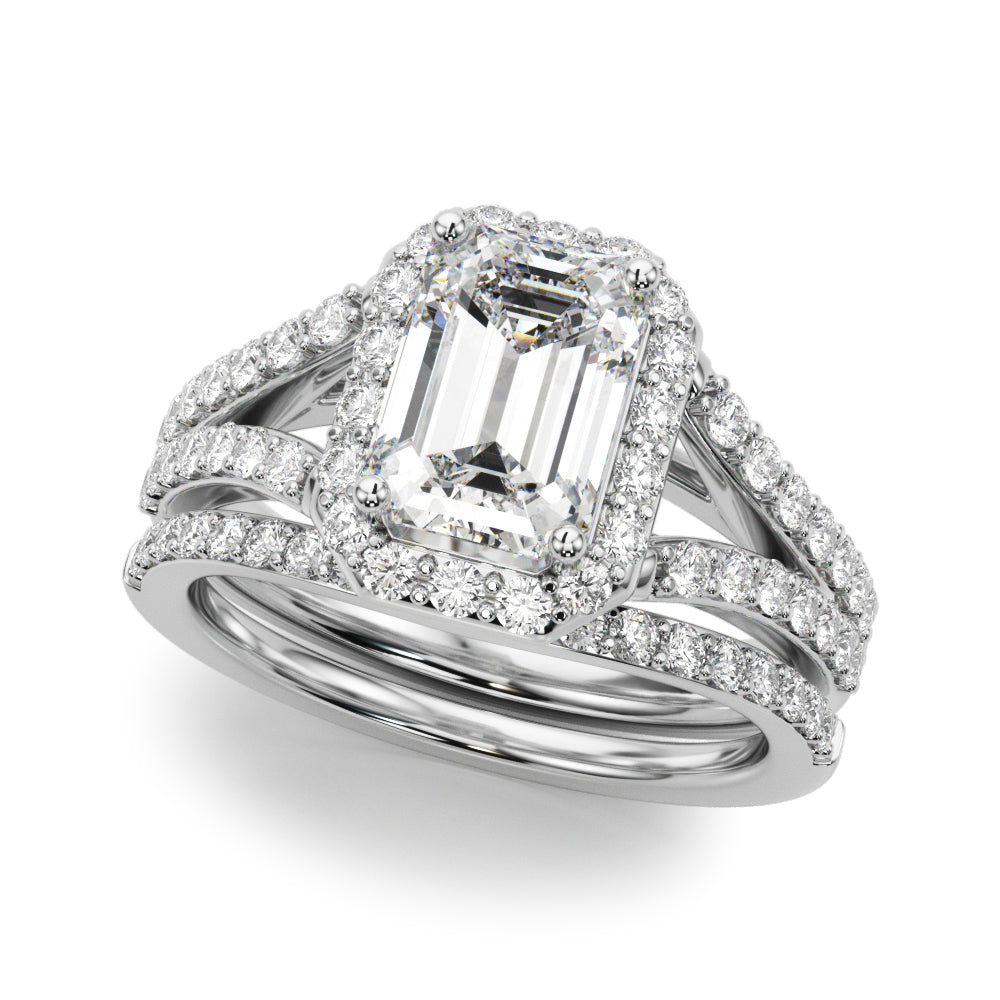 Split Shank Emerald Cut Halo Engagement Ring