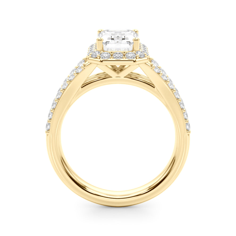 Split Shank Emerald Cut Halo Engagement Ring