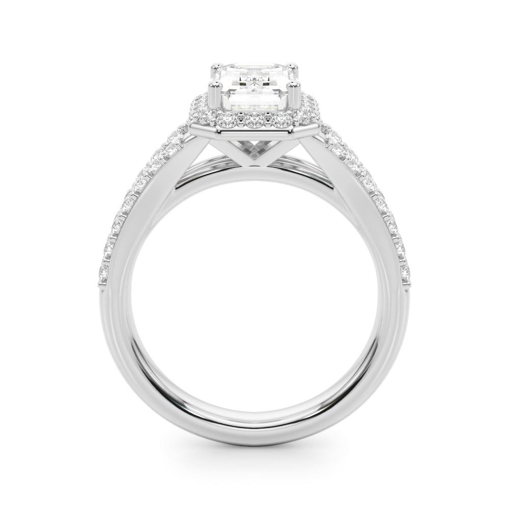 Split Shank Emerald Cut Halo Engagement Ring