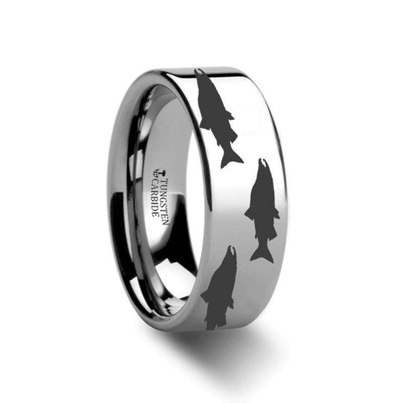 Salmon Fish Sea Print Pattern Engraved Flat Tungsten Ring - 4mm - 12mm - 6mm