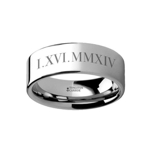 Roman Numeral Date Engraved Flat Tungsten Ring Polished - 4mm - 12mm - 6mm