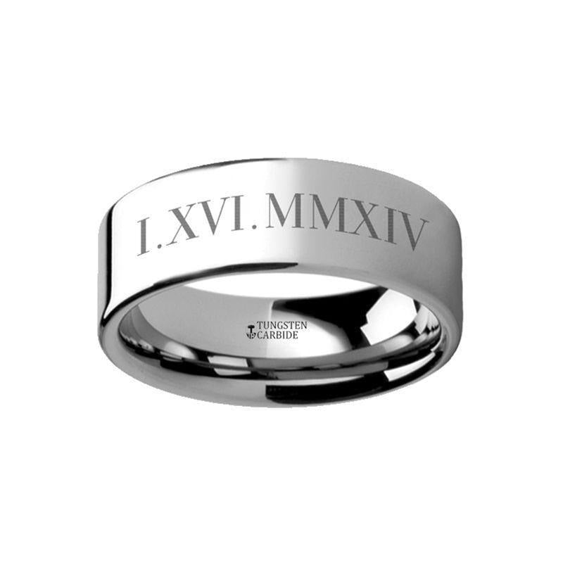 Roman Numeral Date Engraved Flat Tungsten Ring Polished - 4mm - 12mm - 6mm