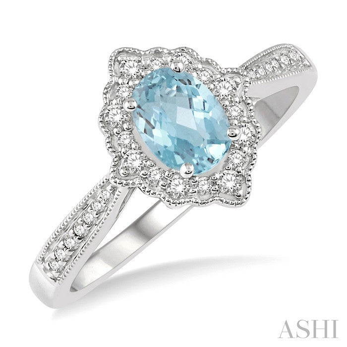 6X4 MM Oval Shape Aquamarine and 1/5 Ctw Round Cut Diamond Semi-Precious Ring in 10K White Gold