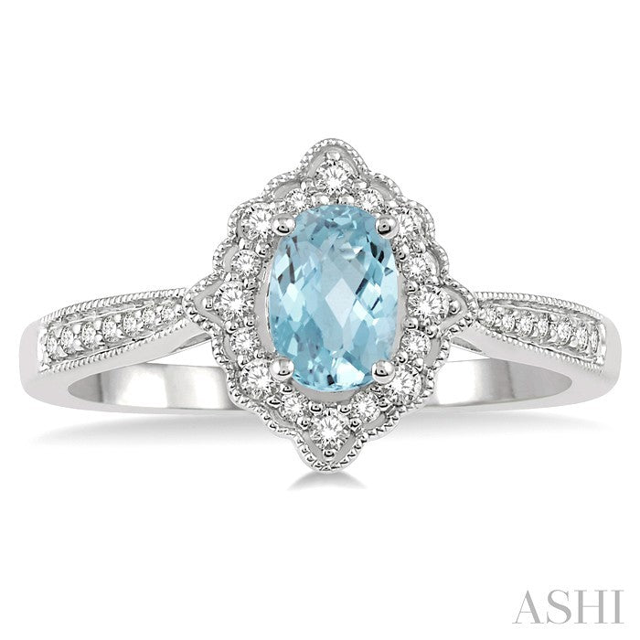 6X4 MM Oval Shape Aquamarine and 1/5 Ctw Round Cut Diamond Semi-Precious Ring in 10K White Gold