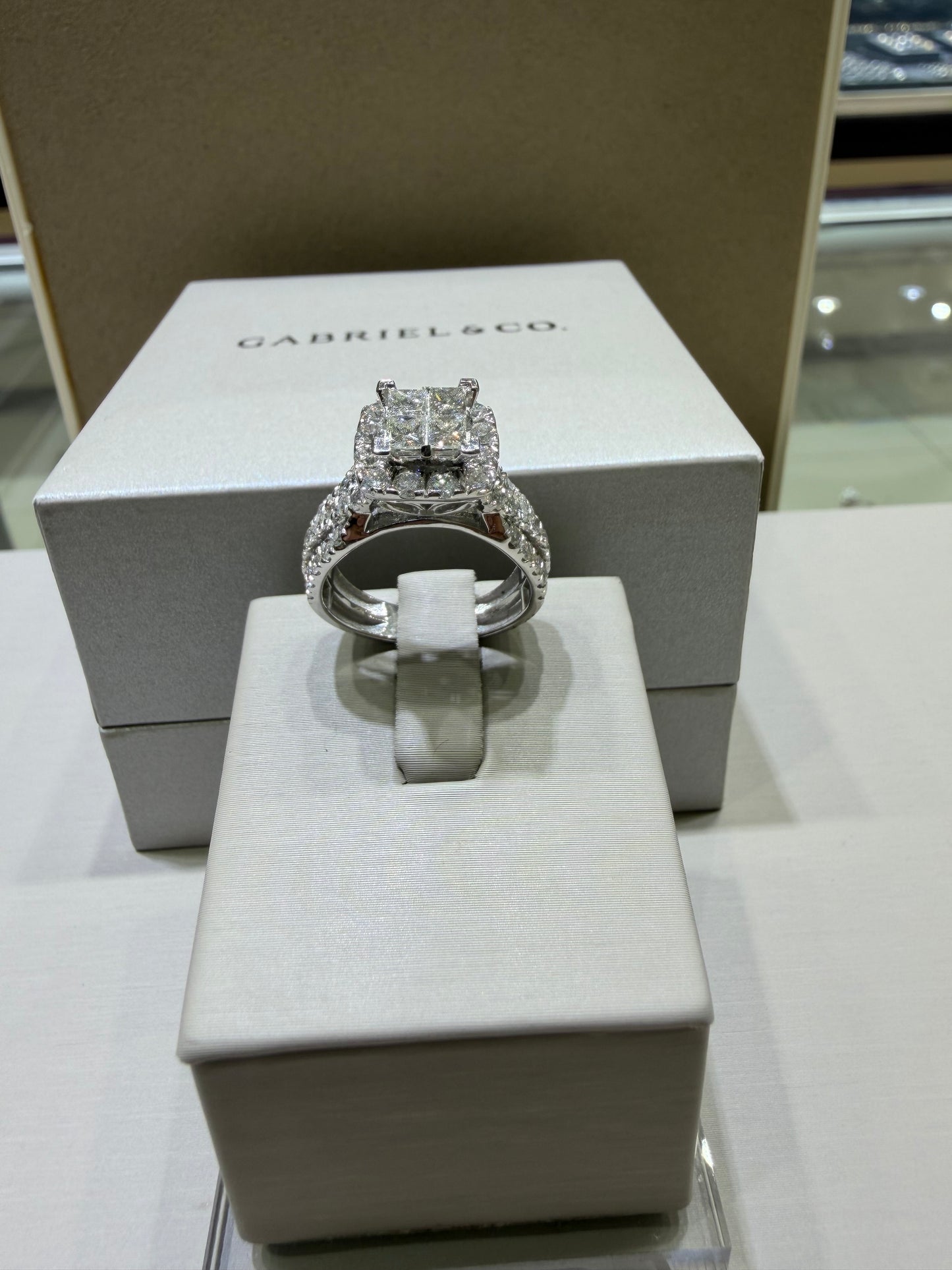 2.65 CTW Natural Diamond Princess Cut Composite Cushion Halo Engagement Ring in 14K White Gold