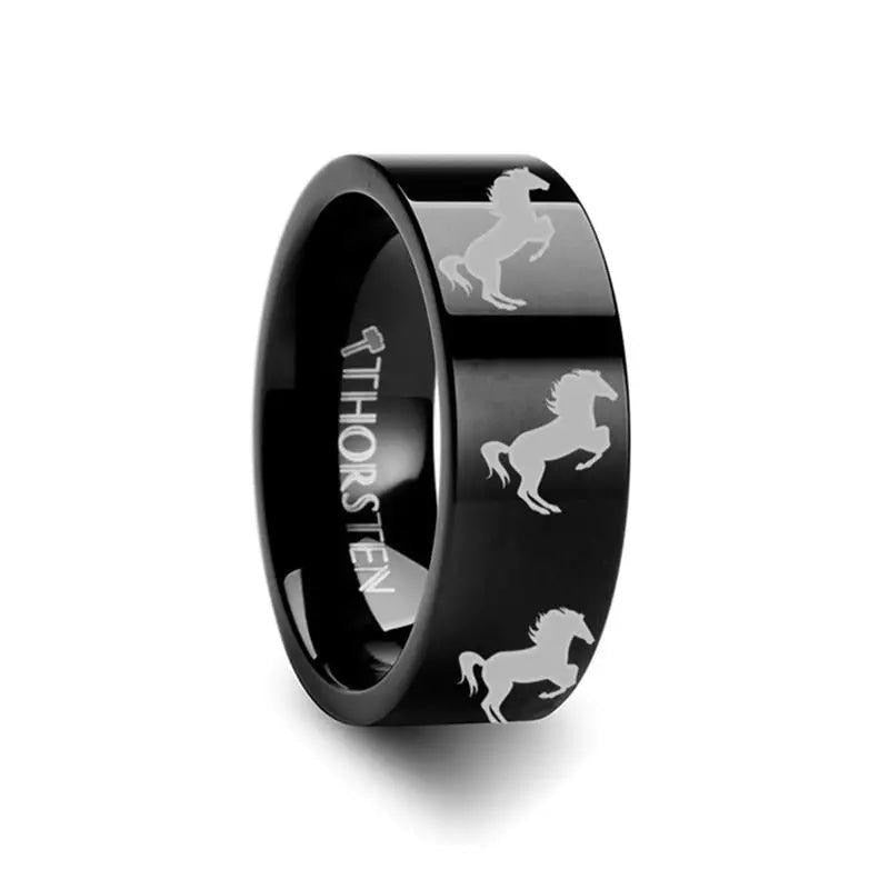 Animal Horse Hind Legs Print Engraved Flat Black Tungsten Ring - 4mm - 12mm - 6mm