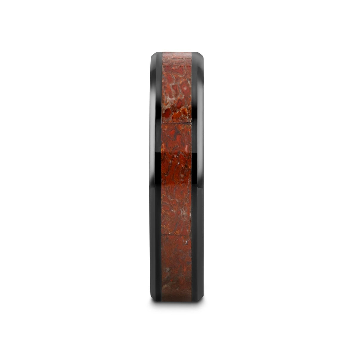 TRIASSIC Red Dinosaur Bone Inlaid Black Ceramic Beveled Edged Ring - 4mm