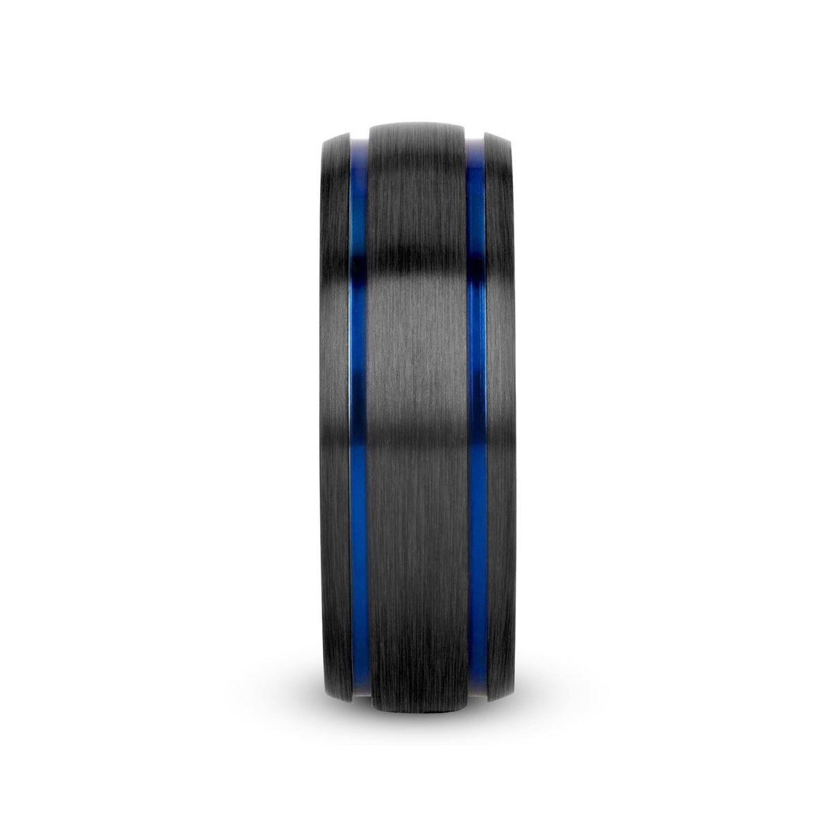 SHERIFF Domed Black Titanium Brushed Finish Men’s Wedding Ring with Blue Grooves – 8mm