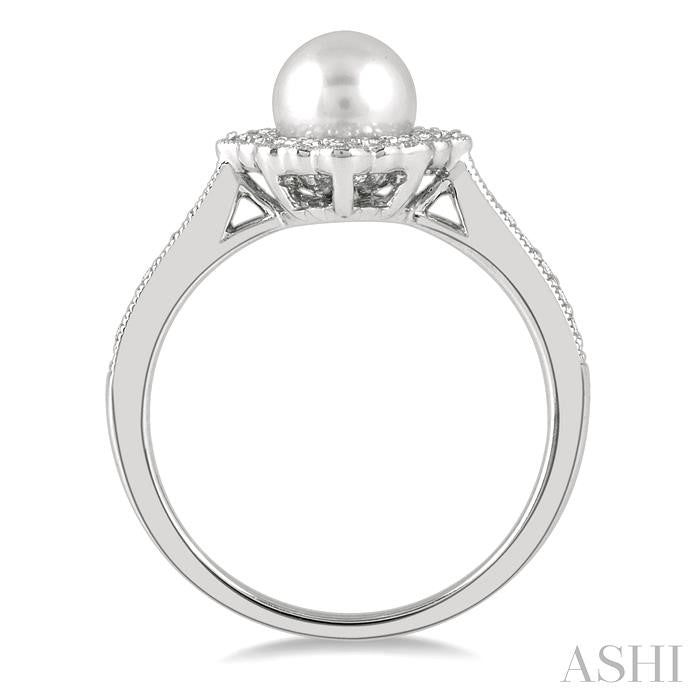 7 MM Cultured Pearl and 1/4 Ctw Round Cut Diamond Halo Ring in 10K White Gold