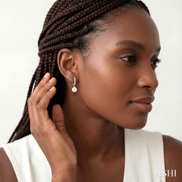 6 MM Round Shape Cultured Pearls and 1/8 Ctw Round Cut Diamond Drop Petite Huggie Earrings 10K Yellow Gold
