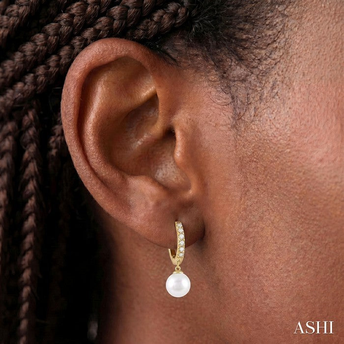 6 MM Round Shape Cultured Pearls and 1/8 Ctw Round Cut Diamond Drop Petite Huggie Earrings 10K Yellow Gold