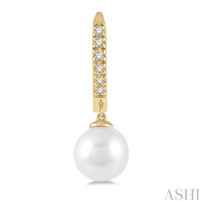 6 MM Round Shape Cultured Pearls and 1/8 Ctw Round Cut Diamond Drop Petite Huggie Earrings 10K Yellow Gold