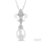 9X7 MM Drop Shape Cultured Pearl and 1/10 Ctw Round Cut Diamond Fleur De Lis Pendant With Chain in 10K White Gold