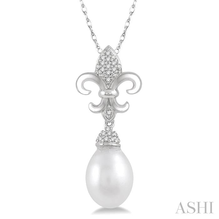 9X7 MM Drop Shape Cultured Pearl and 1/10 Ctw Round Cut Diamond Fleur De Lis Pendant With Chain in 10K White Gold