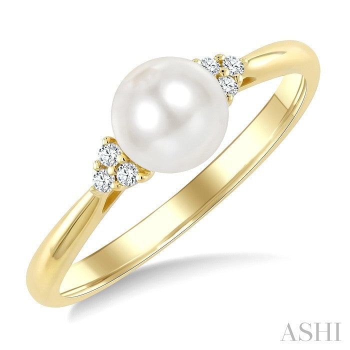 6 MM Cultured White Pearl and 1/20 Ctw Round Cut Diamond Fashion Ring in 10K Yellow Gold