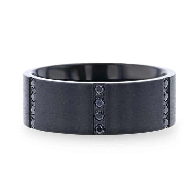 MYSTERIOUS Flat Brushed Black Titanium Men's Wedding Ring With 6 Sets of Quadruple Black Sapphires In Horizontal Channel
