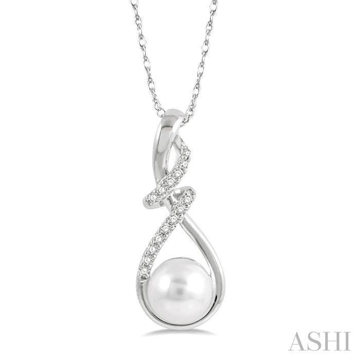 7 MM Round Shape Cultured Pearl and 1/10 Ctw Swirl Top Round Cut Diamond Fashion Pendant With Chain in 10K White Gold