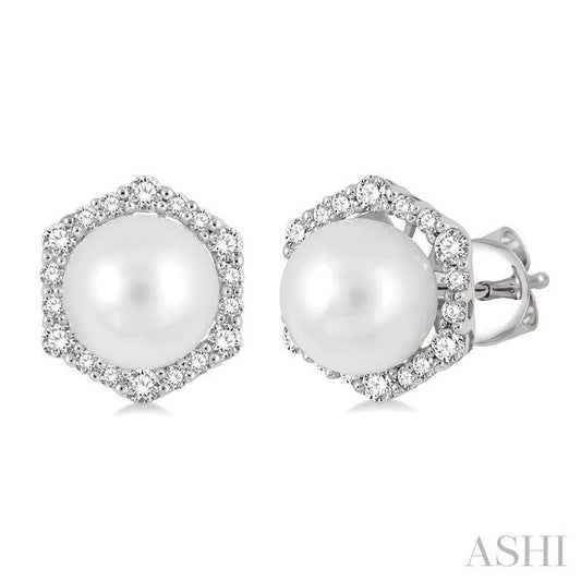 7 MM Cultured Pearls and 1/3 Ctw Hexagon Shape Round Cut Diamond Earrings in 14K White Gold