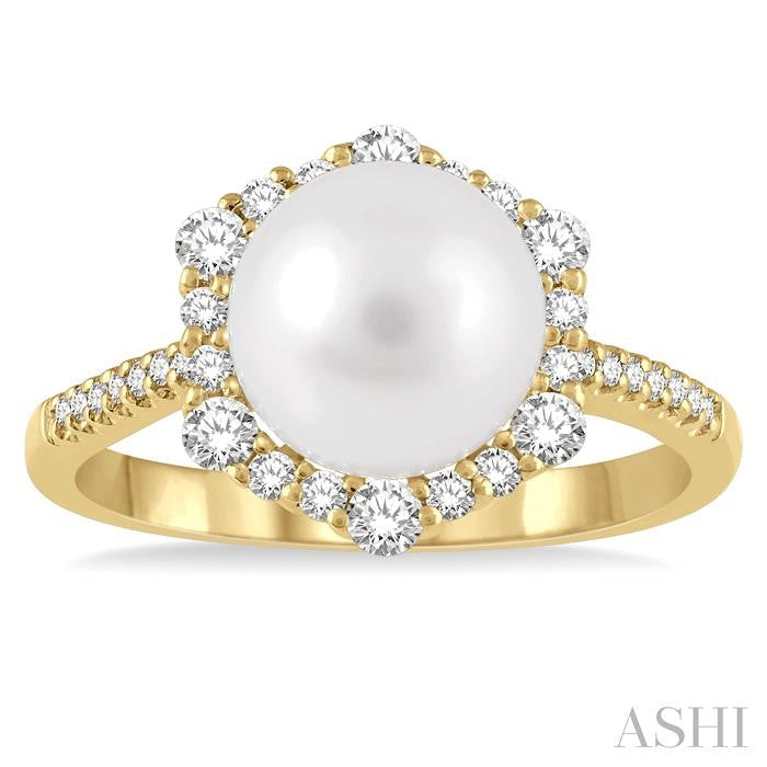 8 MM Cultured Pearl and 1/3 Ctw Hexagon Shape Round Cut Diamond Ring in 14K Yellow Gold