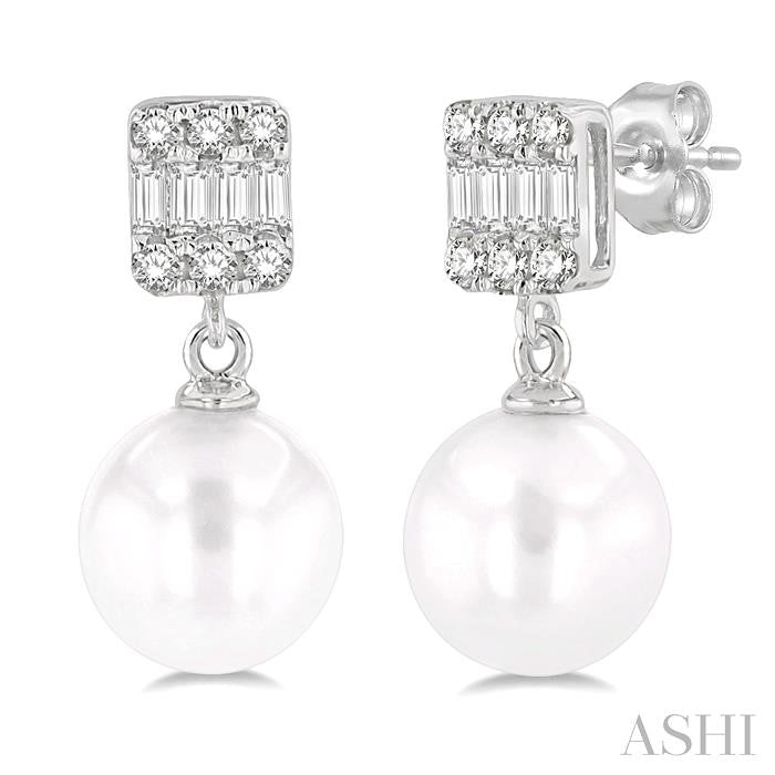 6 MM Cultured Pearls and 1/10 Ctw Baguette and Round Cut Diamond Earrings in 10K White Gold