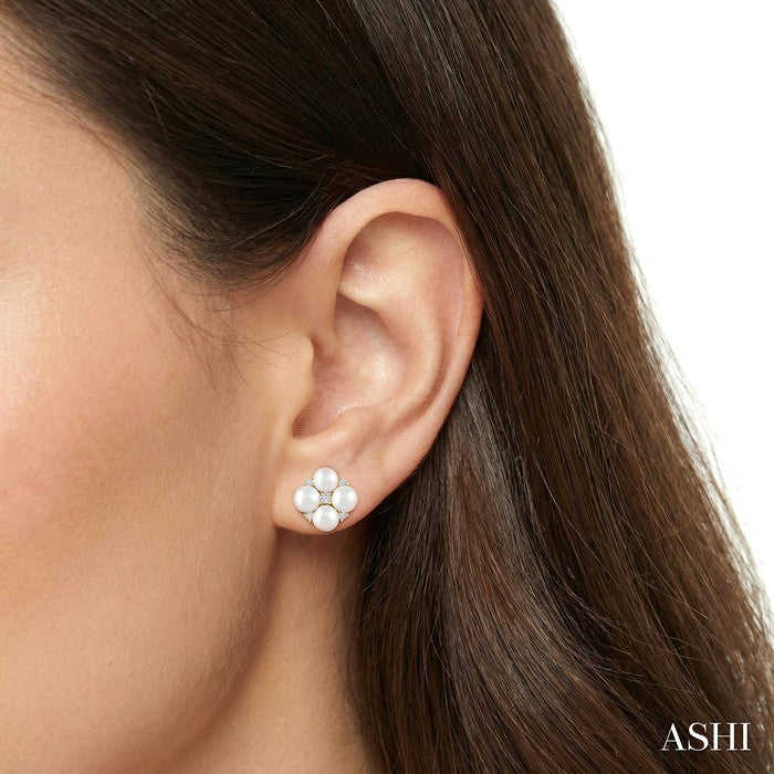 4 MM Round Shape Floral Cultured Pearls and 1/10 Ctw Round Cut Diamond Fashion Stud Earrings in 10K Yellow Gold