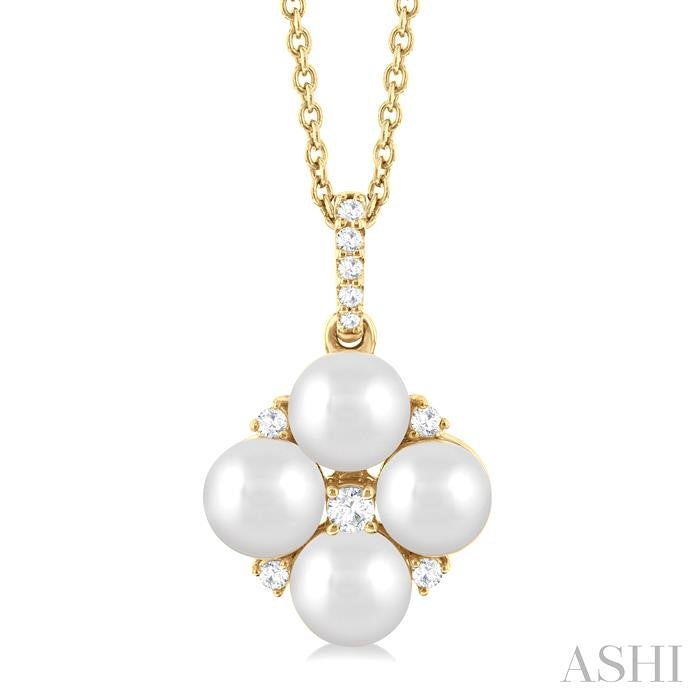 5X5 MM Round Shape Floral Cultured Pearls and 1/10 Ctw Round Cut Diamond Fashion Pendant With Chain in 10K Yellow Gold