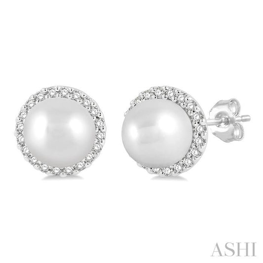 5.5 MM Round Shape Cultured Pearls and 1/8 Ctw Petite Round Cut Diamond Halo Fashion Stud Earrings in 10K White Gold