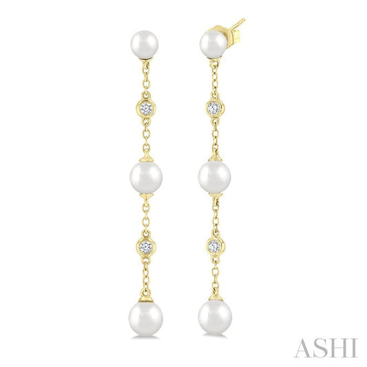 4 MM, 5 MM & 6 MM Round Shape Cultured Pearls and 1/10 Ctw Round Cut Diamond Station Long Earrings in 14K Yellow Gold