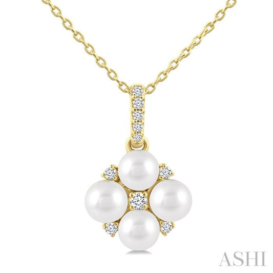 4 MM Floral Round Shape Cultured Pearl and 1/10 Ctw Round Cut Diamond Fashion Pendant With Chain in 10K Yellow Gold