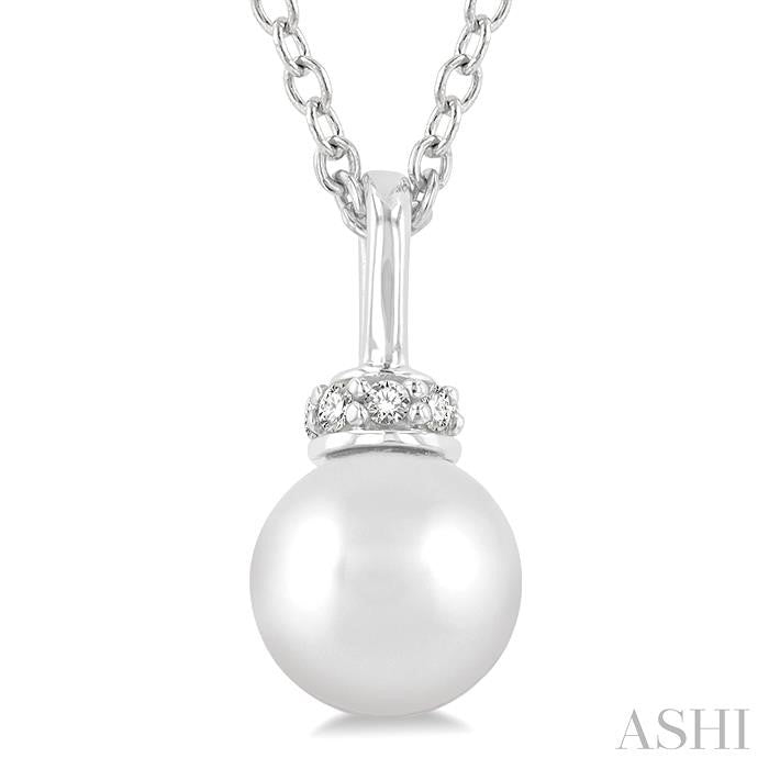 6 MM Round Shape Cultured Pearl and 1/20 Ctw Petite Round Cut Diamond Crown Fashion Pendant With Chain in 10K White Gold