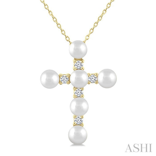 4 MM Cross Cultured Pearl and 1/6 Ctw Round Cut Diamond Fashion Pendant With Chain in 10K Yellow Gold