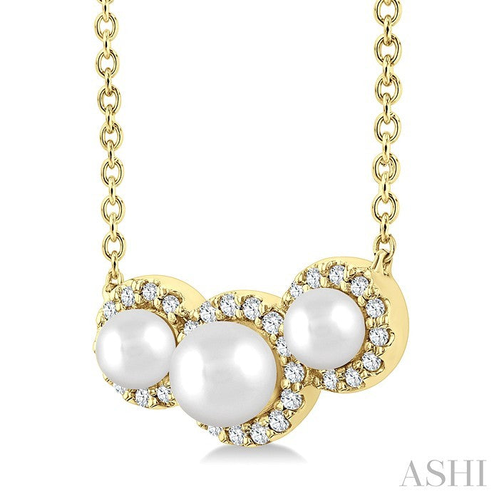 1/8 Ctw Round Cut Diamond and 4 MM & 3 MM Cultured Pearl Past Present and Future Halo Pendant with Chain in 14K Yellow G