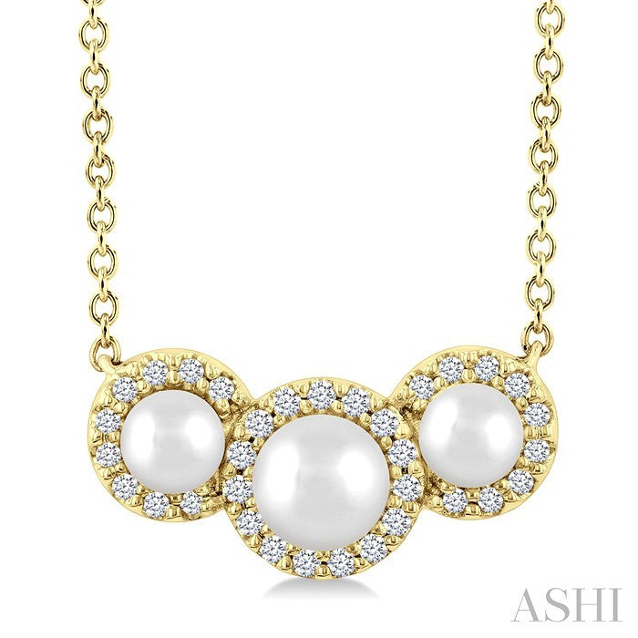 1/8 Ctw Round Cut Diamond and 4 MM & 3 MM Cultured Pearl Past Present and Future Halo Pendant with Chain in 14K Yellow G