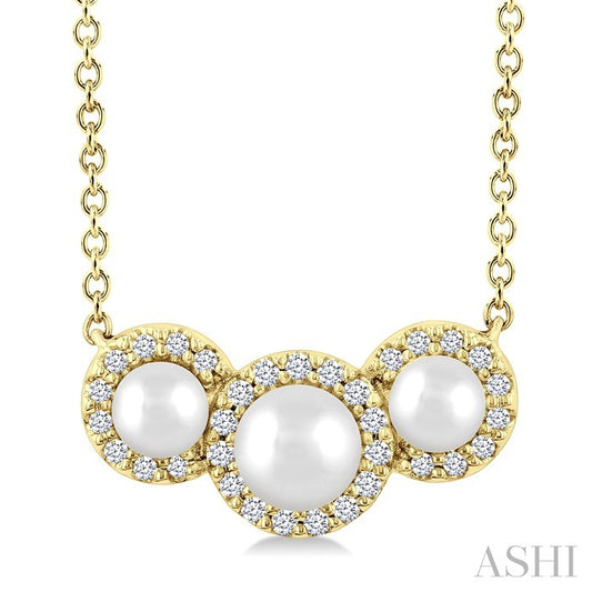 1/8 Ctw Round Cut Diamond and 4 MM & 3 MM Cultured Pearl Past Present and Future Halo Pendant with Chain in 14K Yellow G