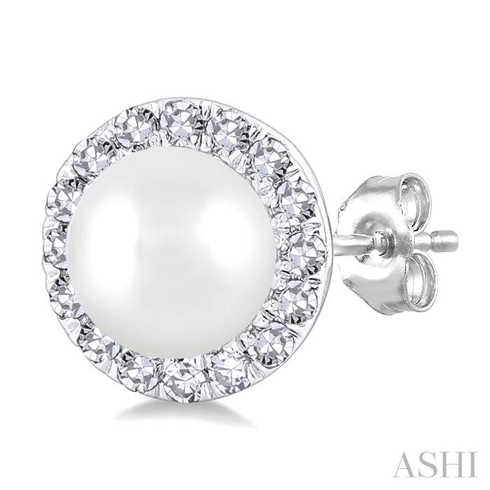 4.5 MM White Cultured Pearl and 1/8 Ctw Round Cut Diamond Halo Stud Earrings in 14K White Gold