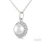 5 MM Cultured White Pearl and 1/20 Ctw Round Cut Diamond Halo Pendant With Chain in 14K White Gold