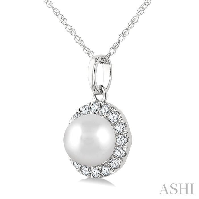 5 MM Cultured White Pearl and 1/20 Ctw Round Cut Diamond Halo Pendant With Chain in 14K White Gold