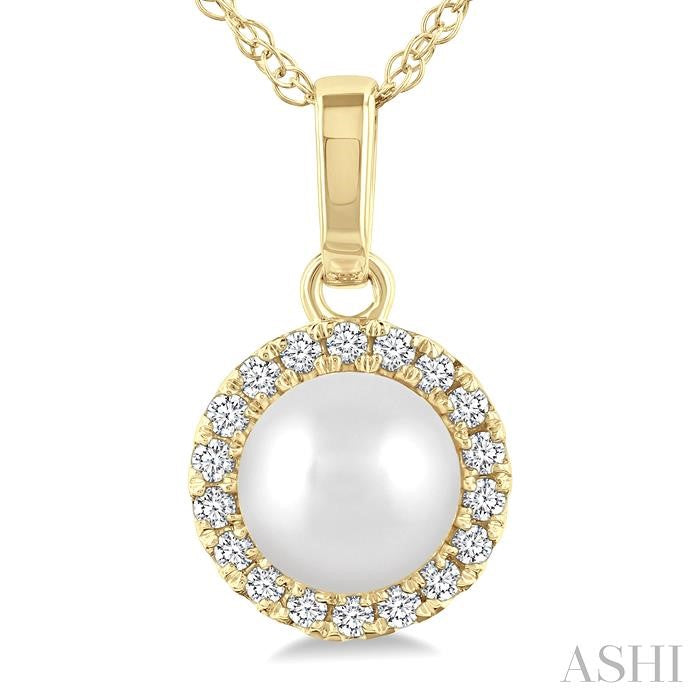 5 MM Cultured White Pearl and 1/20 Ctw Round Cut Diamond Halo Pendant With Chain in 14K Yellow Gold