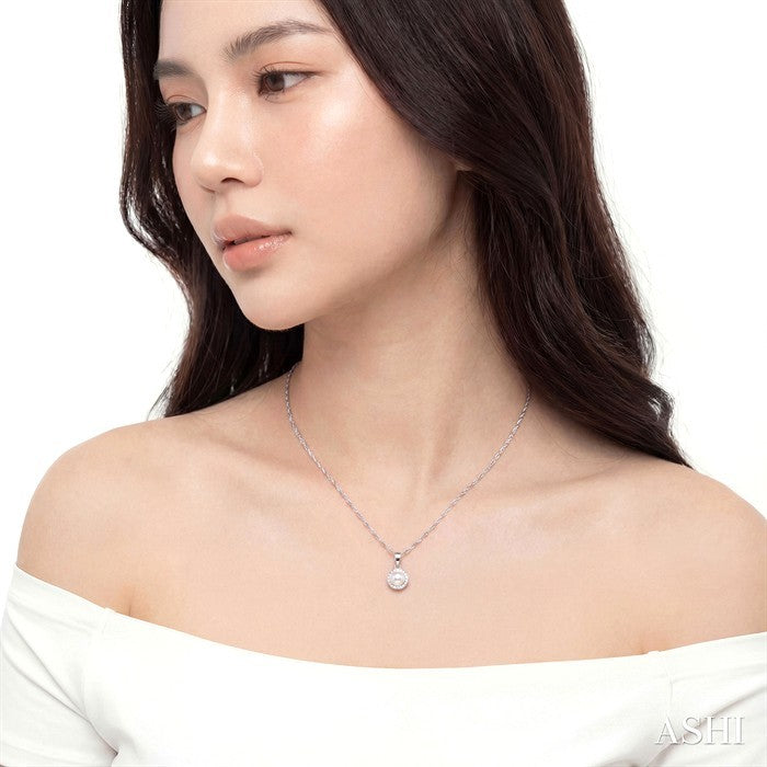 5 MM Cultured White Pearl and 1/20 Ctw Round Cut Diamond Halo Pendant With Chain in 10K White Gold