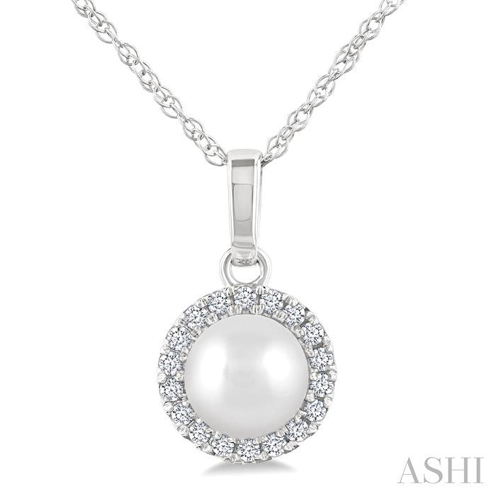 5 MM Cultured White Pearl and 1/20 Ctw Round Cut Diamond Halo Pendant With Chain in 10K White Gold