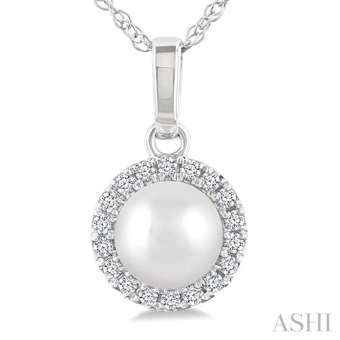 5 MM Cultured White Pearl and 1/20 Ctw Round Cut Diamond Halo Pendant With Chain in 10K White Gold