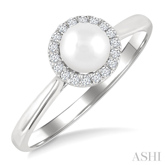 5 MM White Cultured Pearl and 1/20 Ctw Round Cut Diamond Halo Ring in 10K White Gold