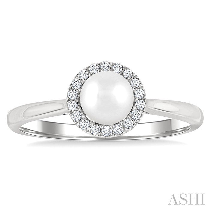 5 MM White Cultured Pearl and 1/20 Ctw Round Cut Diamond Halo Ring in 10K White Gold