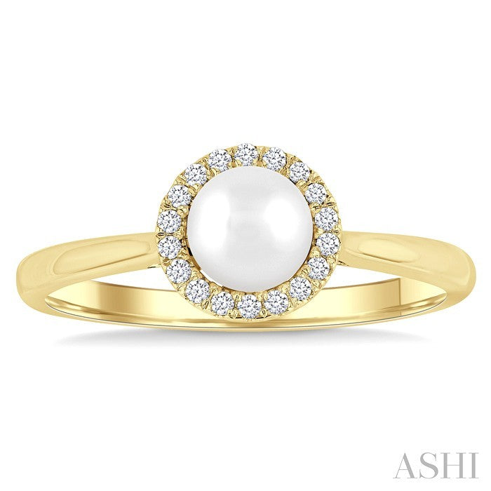 5 MM White Cultured Pearl and 1/20 Ctw Round Cut Diamond Halo Ring in 10K Yellow Gold
