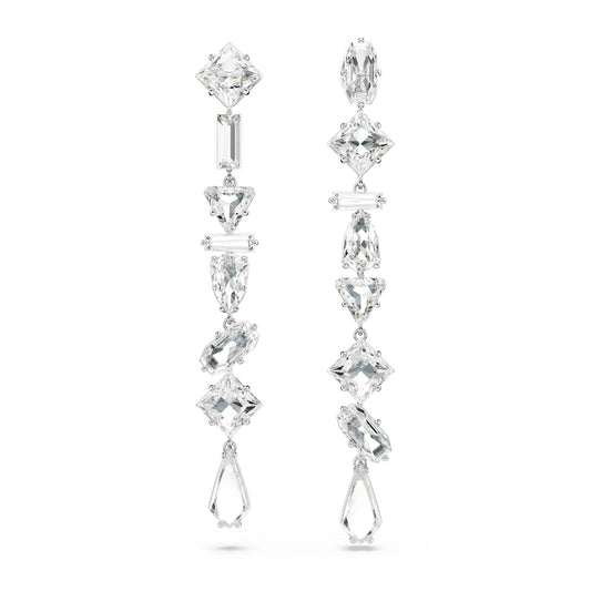 Swarovski Mesmera Drop Earrings, Asymmetrical Design, Mixed Cuts, Long, White, Rhodium Plated