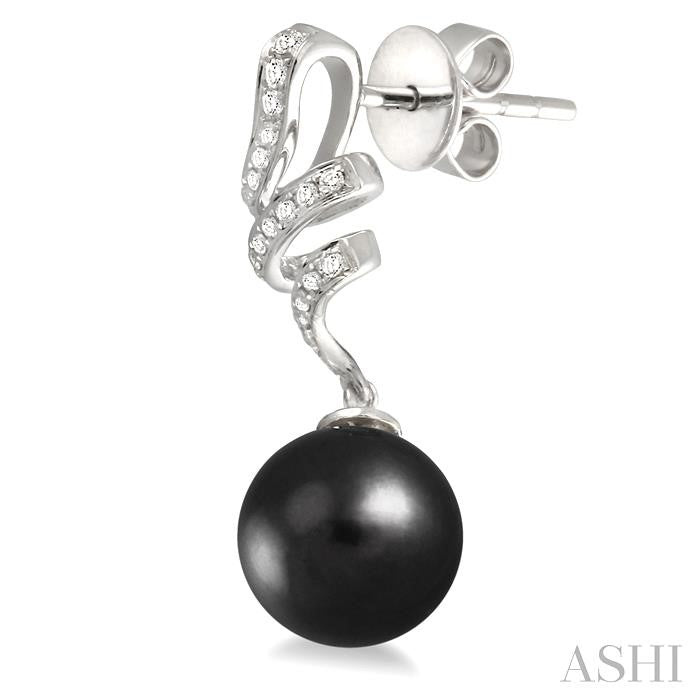 9 MM Black Cultured Pearls and 1/5 Ctw Round Cut Diamond Earrings in 14K White Gold
