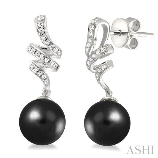 9 MM Black Cultured Pearls and 1/5 Ctw Round Cut Diamond Earrings in 14K White Gold