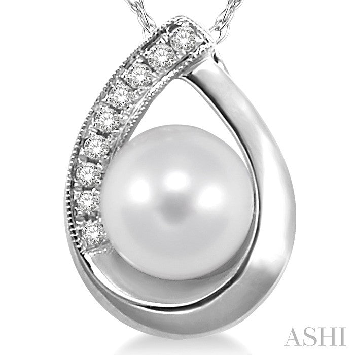 6.5 MM Round Shape Cultured Pearl and 1/20 Ctw Round Cut Diamond Pendant in 10K White Gold with Chain
